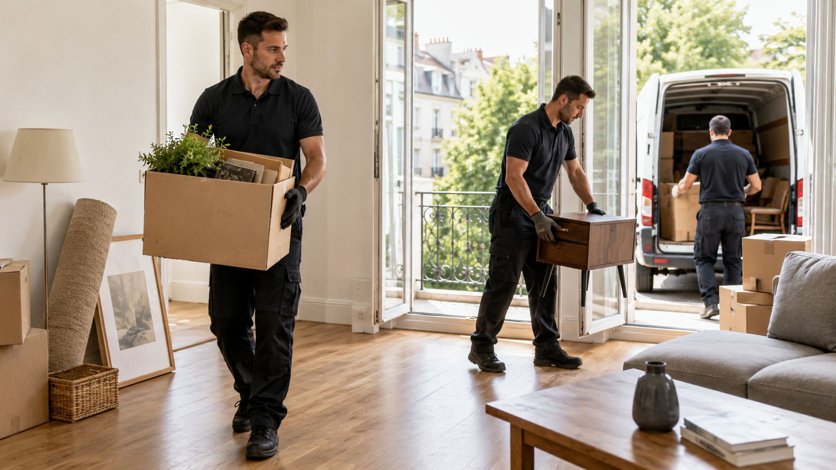 Équipe de débarras évacuant cartons et meubles d'un appartement en Côtière