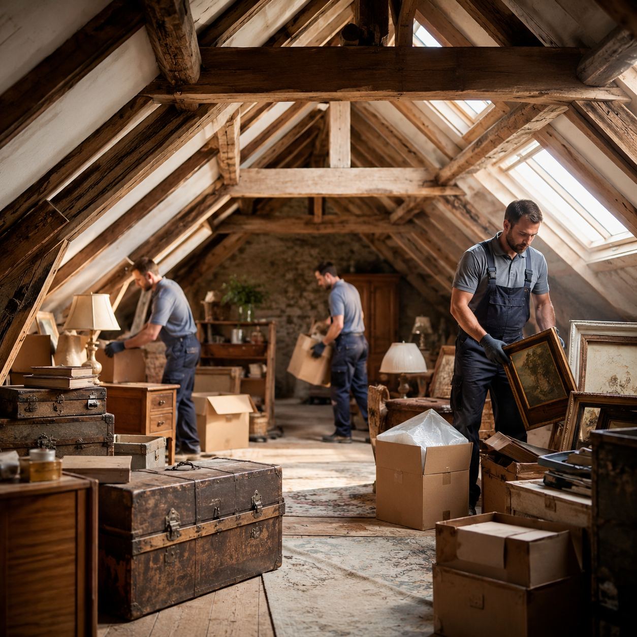 Débarras de grenier ancien avec meubles, malles et objets accumulés