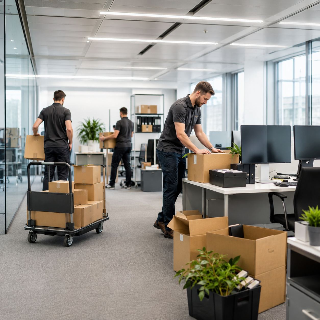 Débarras d'un open space avec chariot de transport de cartons
