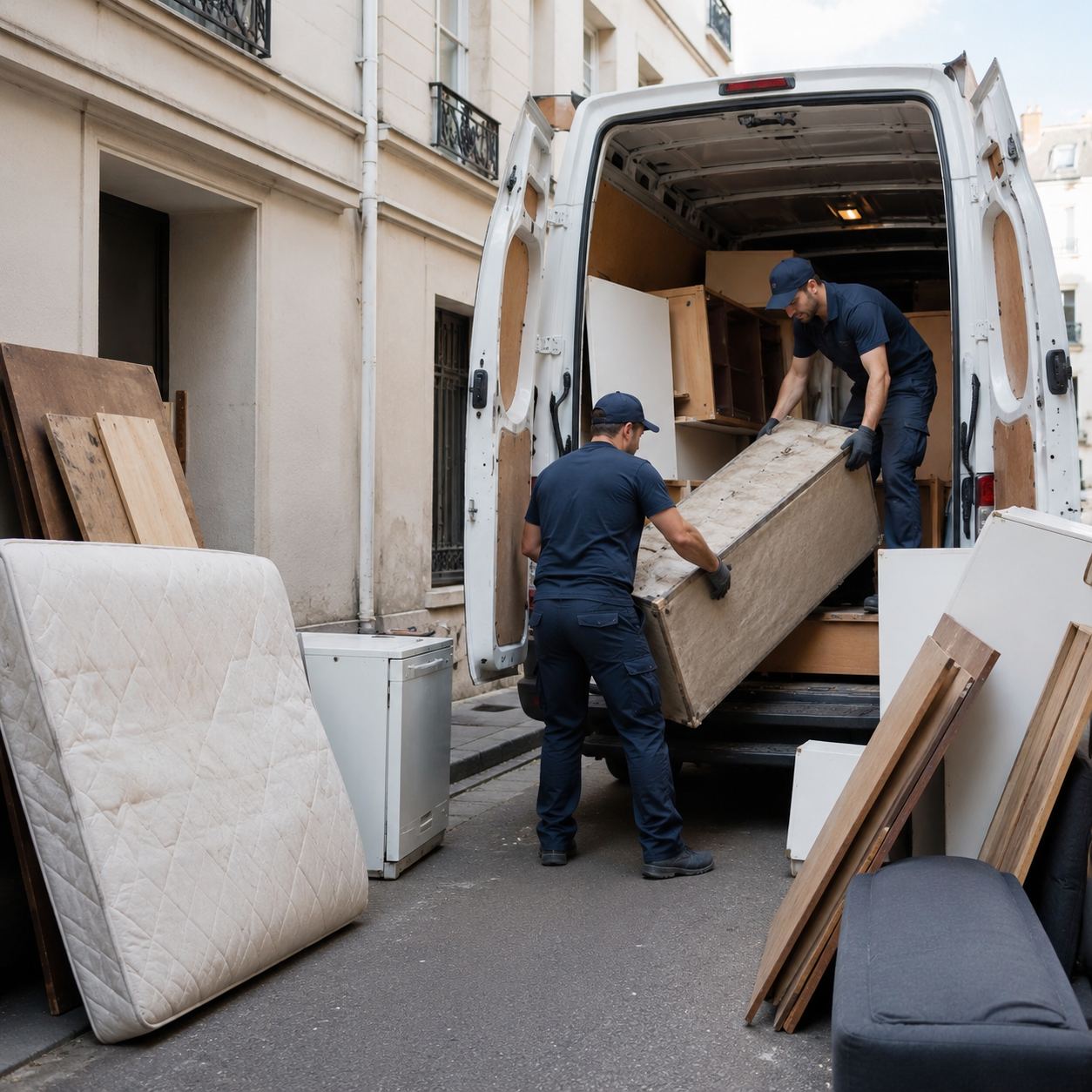 Chargement de meubles et encombrants dans un camion de débarras
