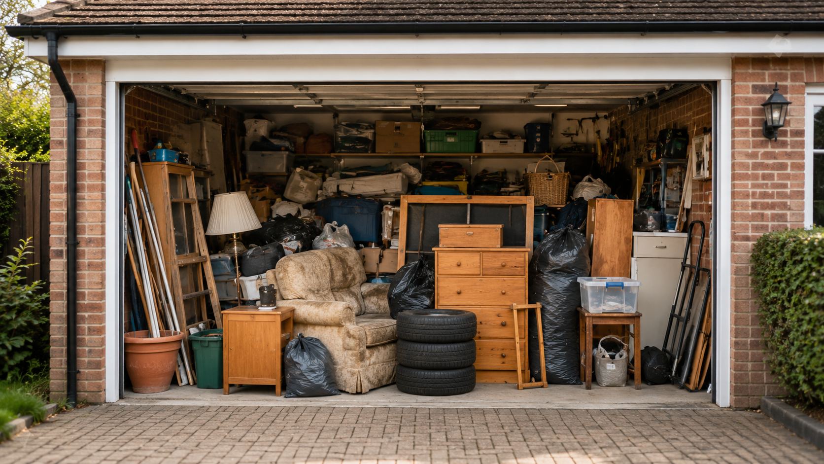 Garage encombré avant évacuation en benne